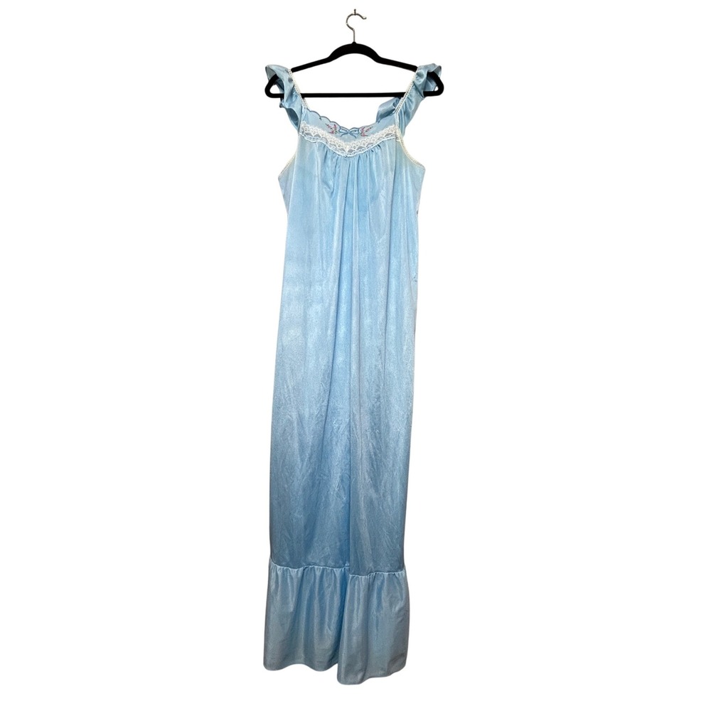 Gotham Vintage Nightgown Womens Medium Blue 80s Lace Floral Ruffle Nylon Shiny